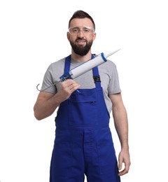 Photo of Worker with caulking gun on white background