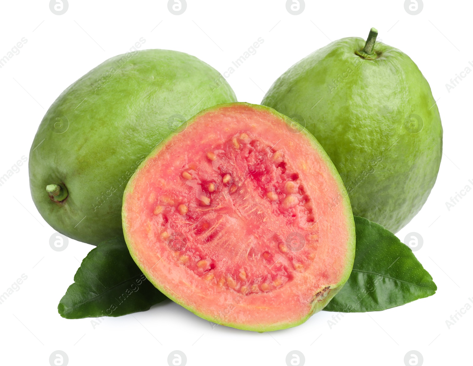 Photo of Fresh whole and cut guava fruits isolated on white