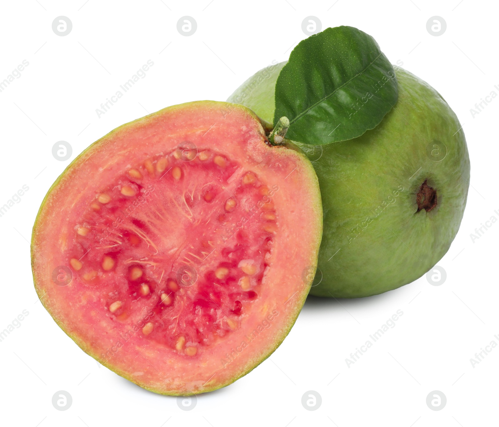 Photo of Fresh whole and cut guava fruits isolated on white