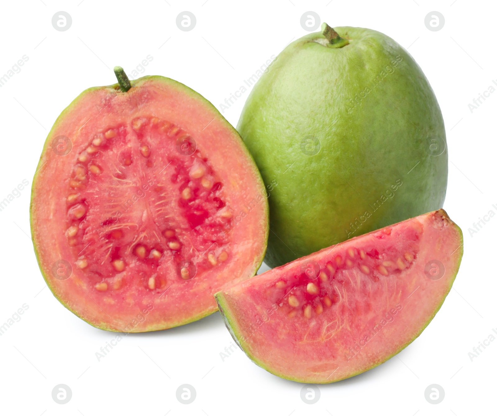 Photo of Fresh whole and cut guava fruits isolated on white