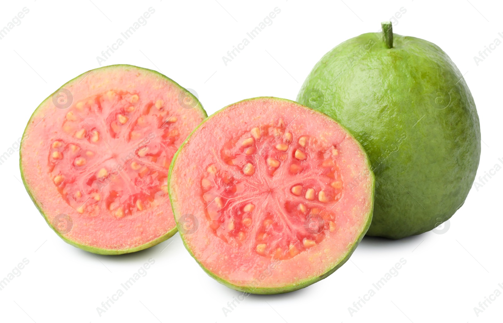 Photo of Fresh whole and cut guava fruits isolated on white