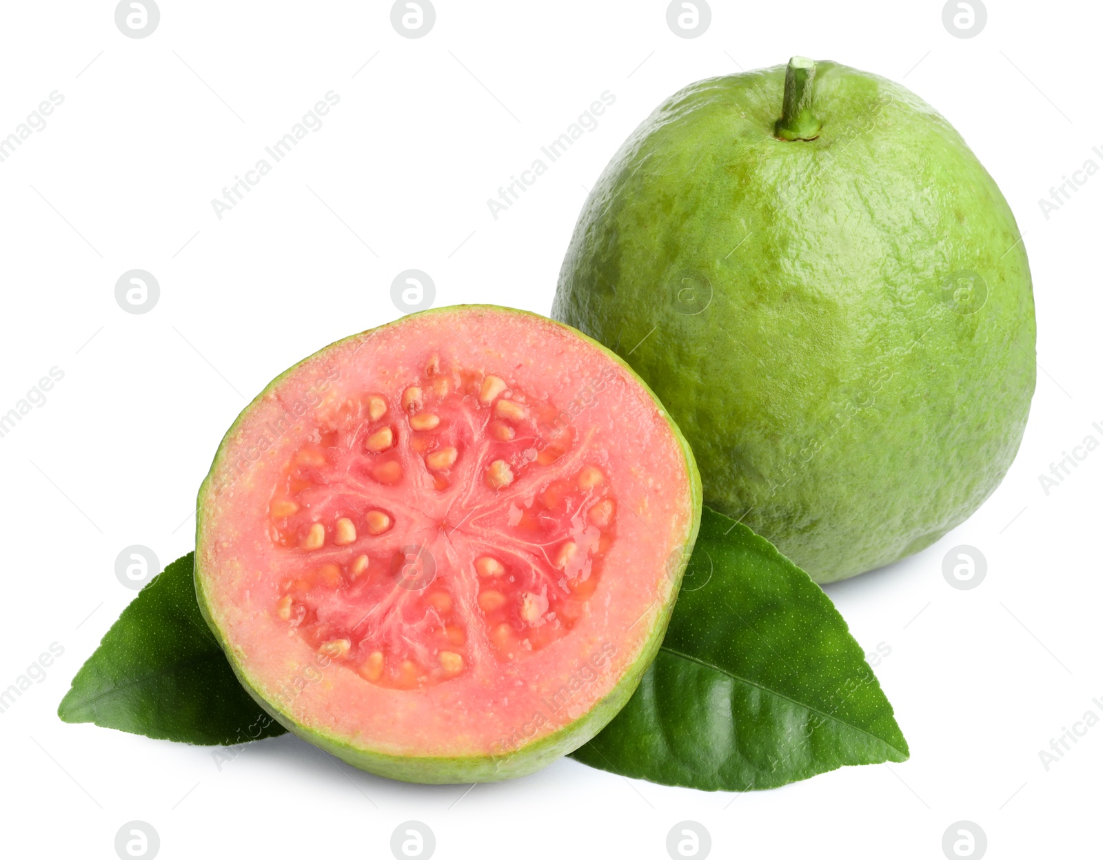 Photo of Fresh whole and cut guava fruits with leaves isolated on white