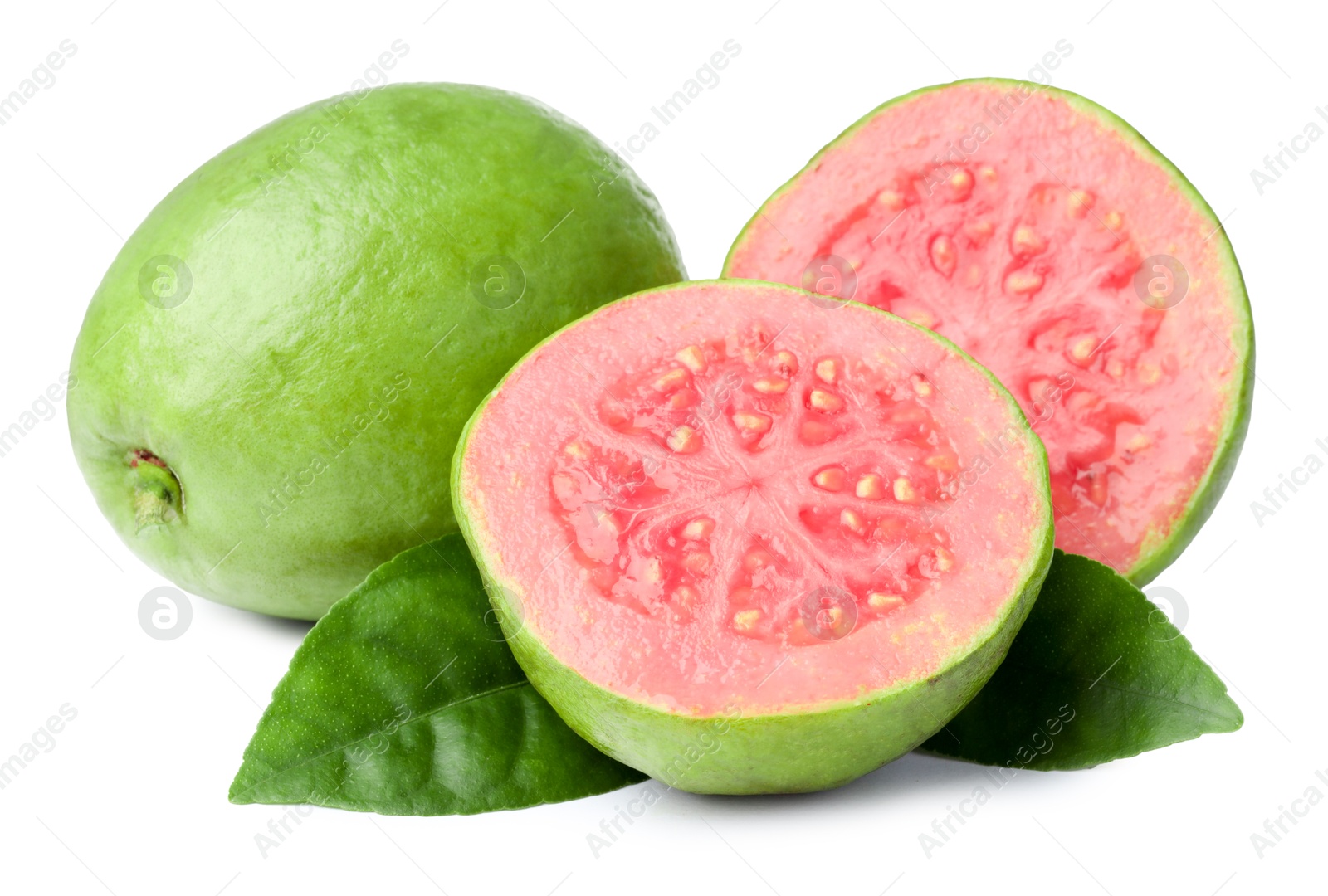 Photo of Fresh whole and cut guava fruits with leaves isolated on white