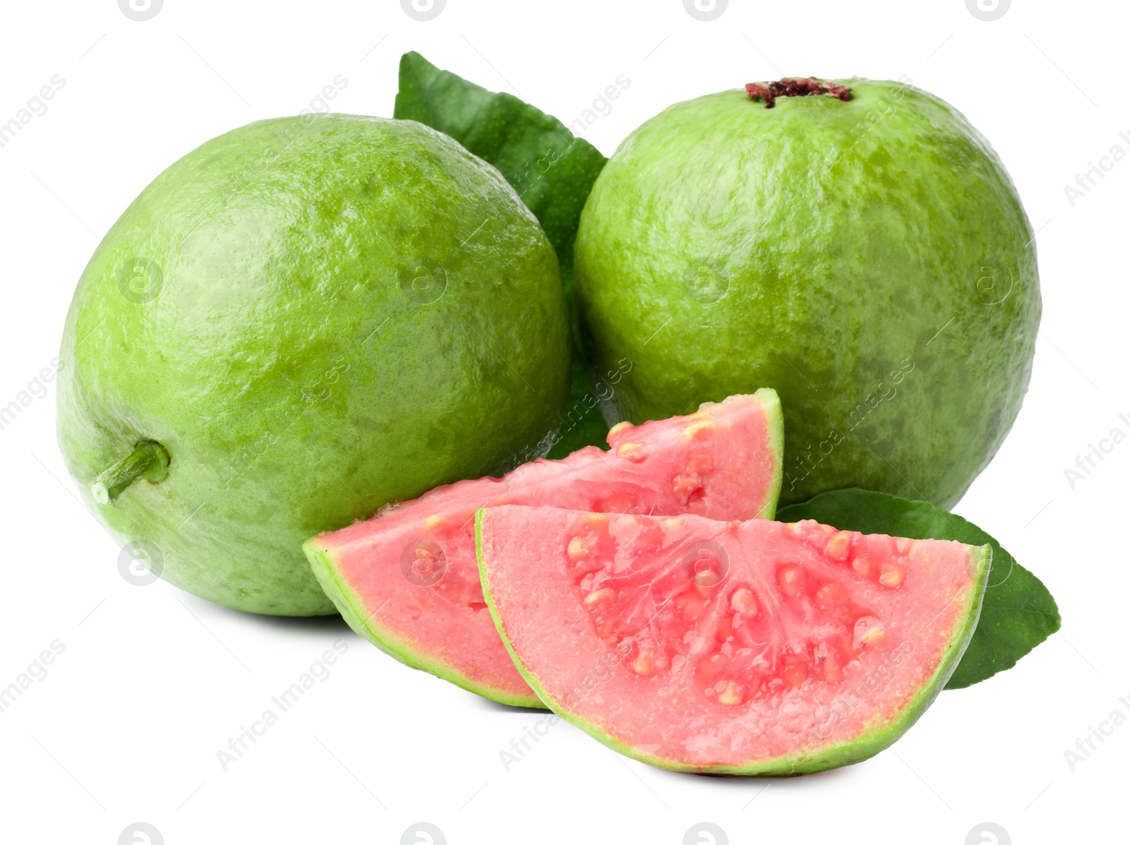 Photo of Fresh whole and cut guava fruits isolated on white