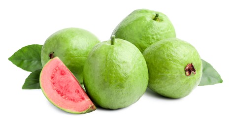 Photo of Fresh whole and cut guava fruits with leaves isolated on white