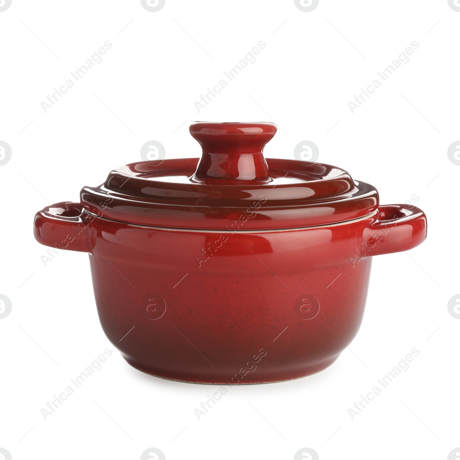 Photo of One ceramic casserole isolated on white. Cooking utensil