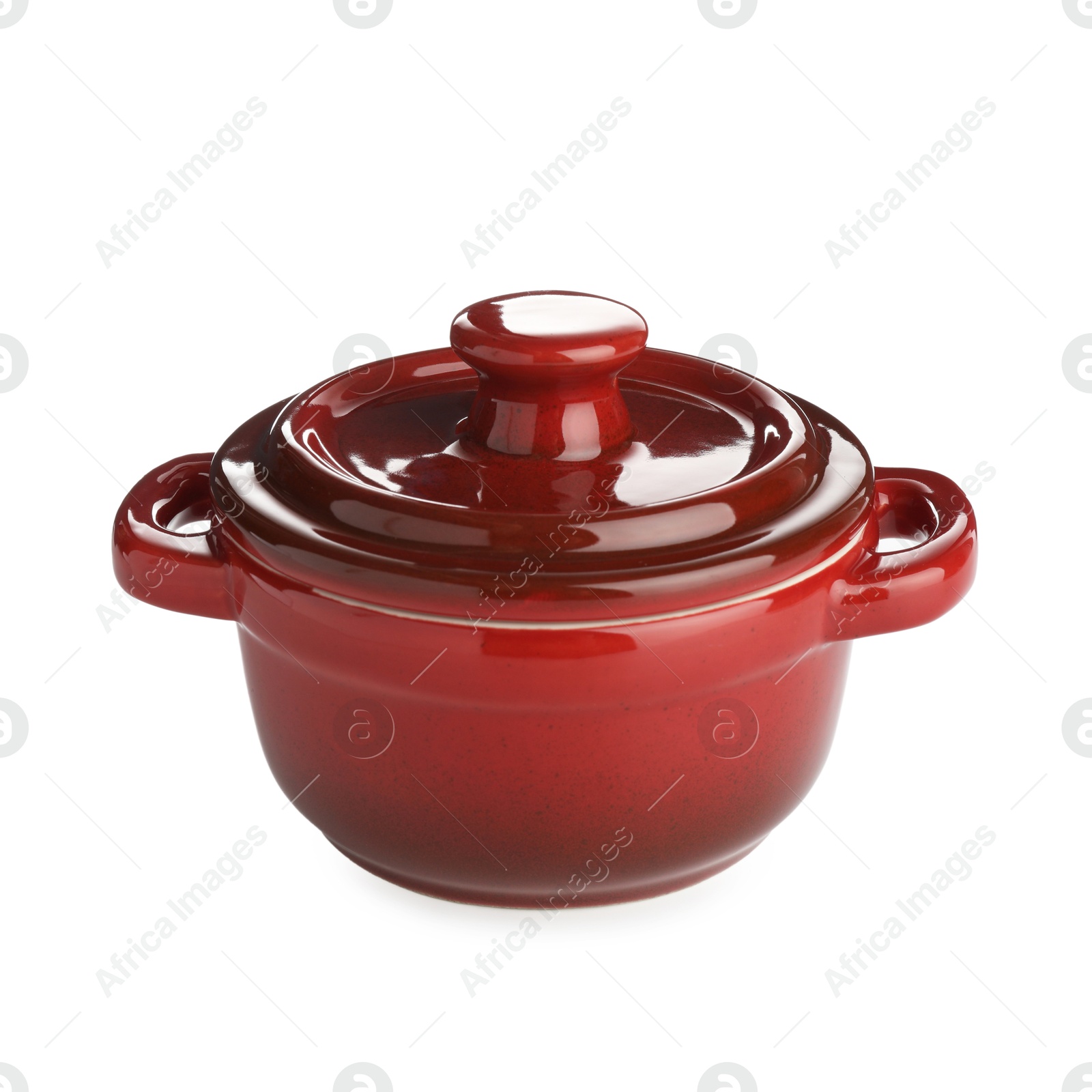 Photo of One ceramic casserole isolated on white. Cooking utensil