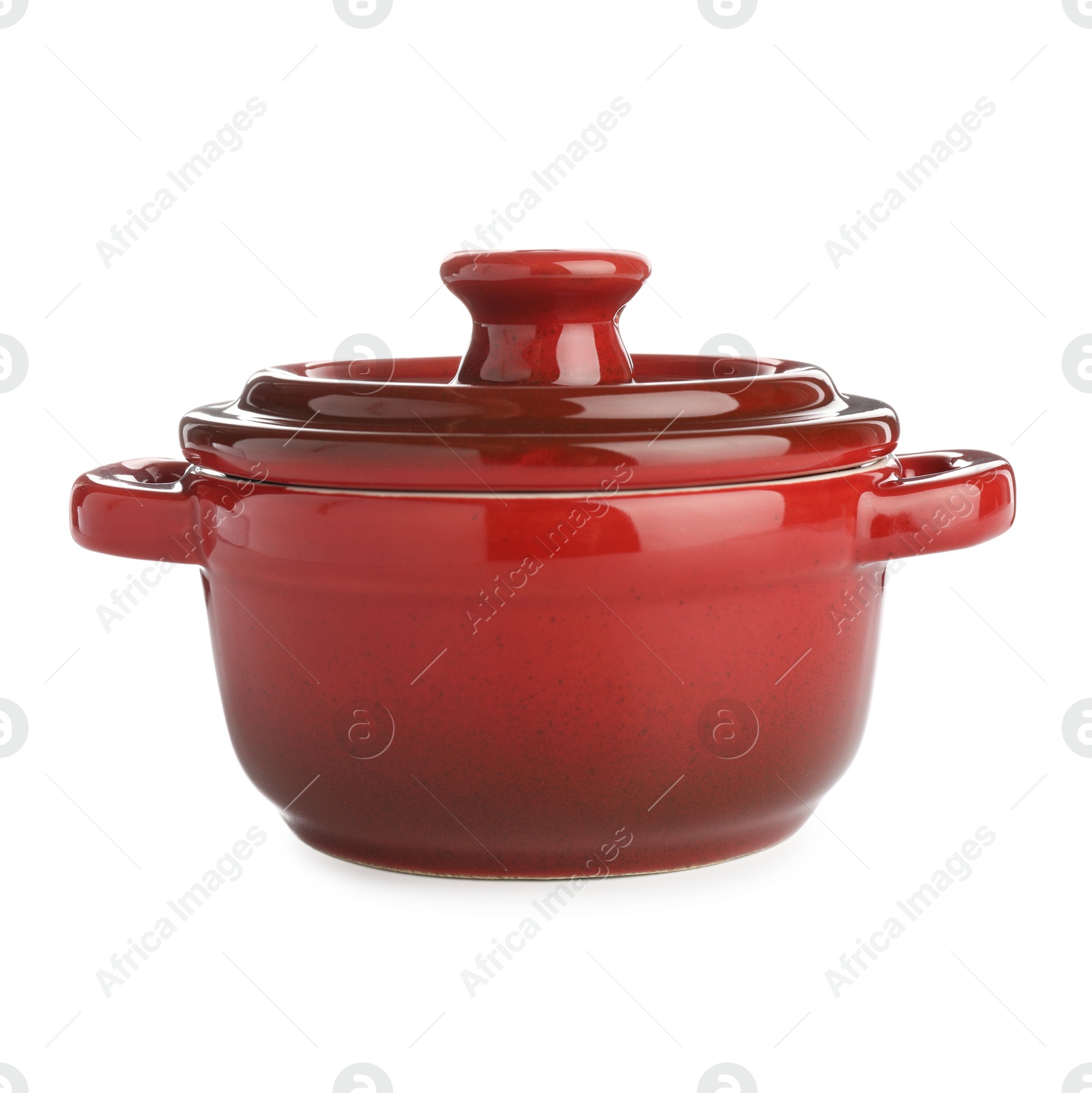 Photo of One ceramic casserole isolated on white. Cooking utensil