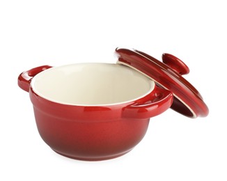 Photo of Ceramic casserole and lid isolated on white. Cooking utensil