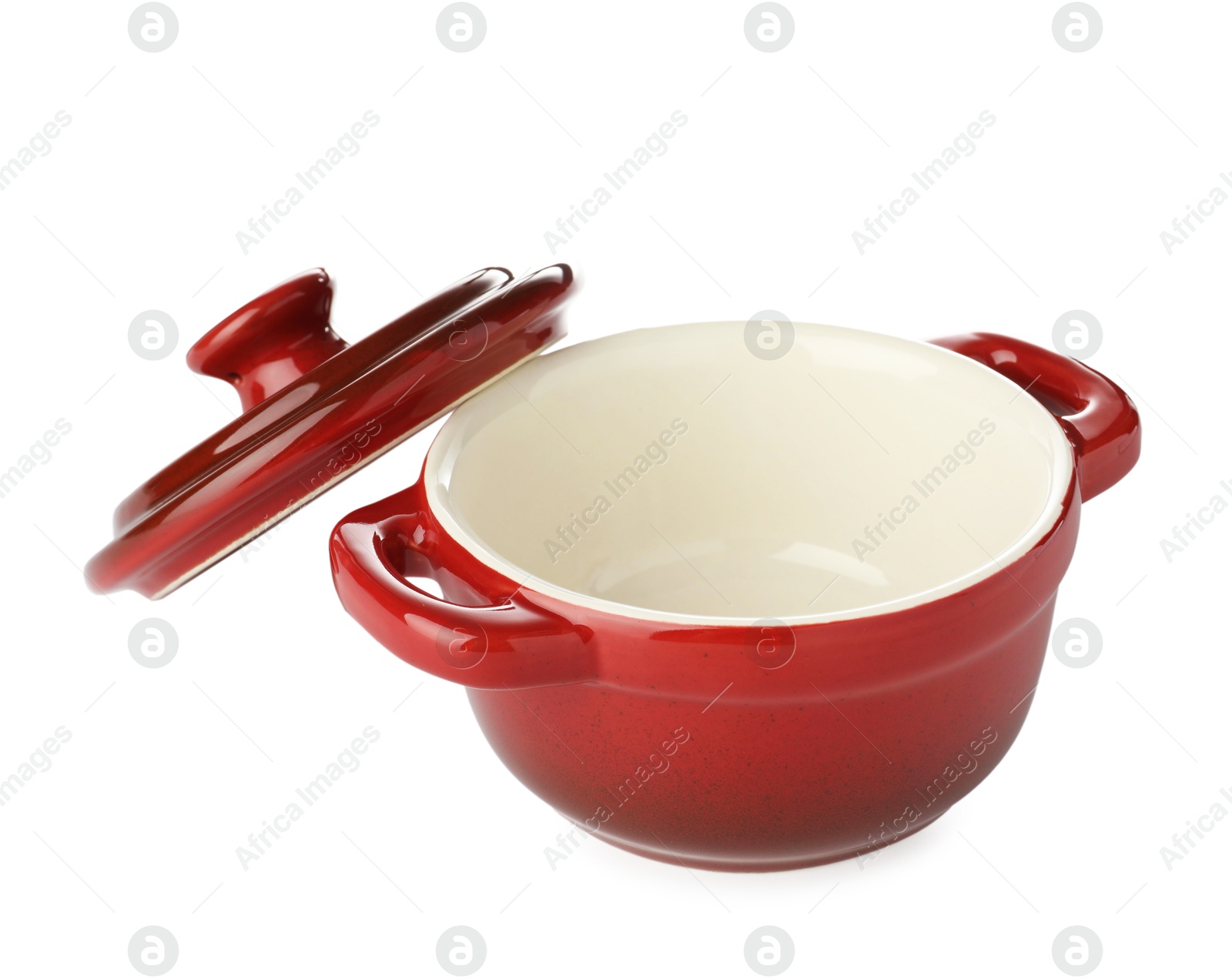 Photo of Ceramic casserole and lid isolated on white. Cooking utensil