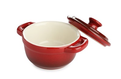 Photo of Ceramic casserole and lid isolated on white. Cooking utensil