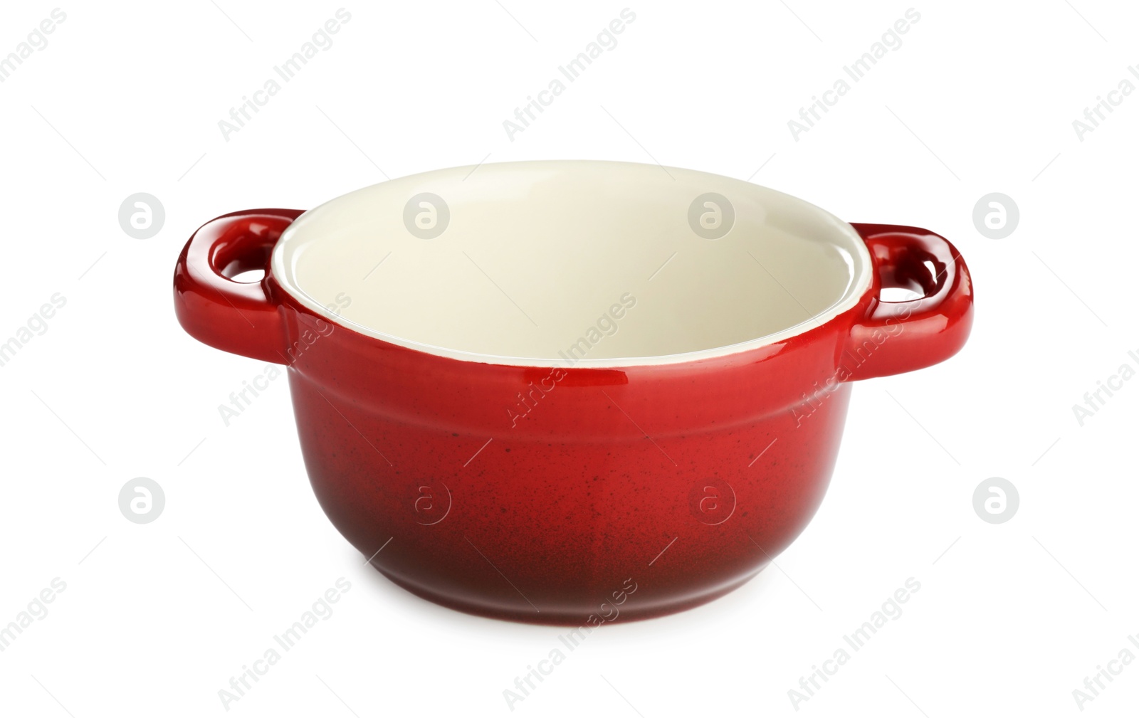 Photo of One ceramic casserole isolated on white. Cooking utensil