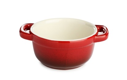 Photo of One ceramic casserole isolated on white. Cooking utensil