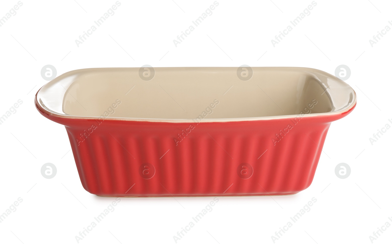 Photo of One ceramic casserole isolated on white. Cooking utensil