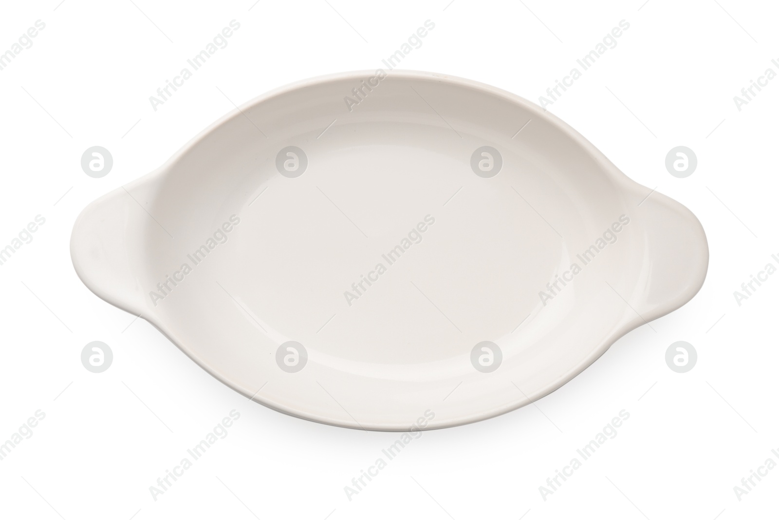 Photo of One ceramic casserole isolated on white, top view. Cooking utensil