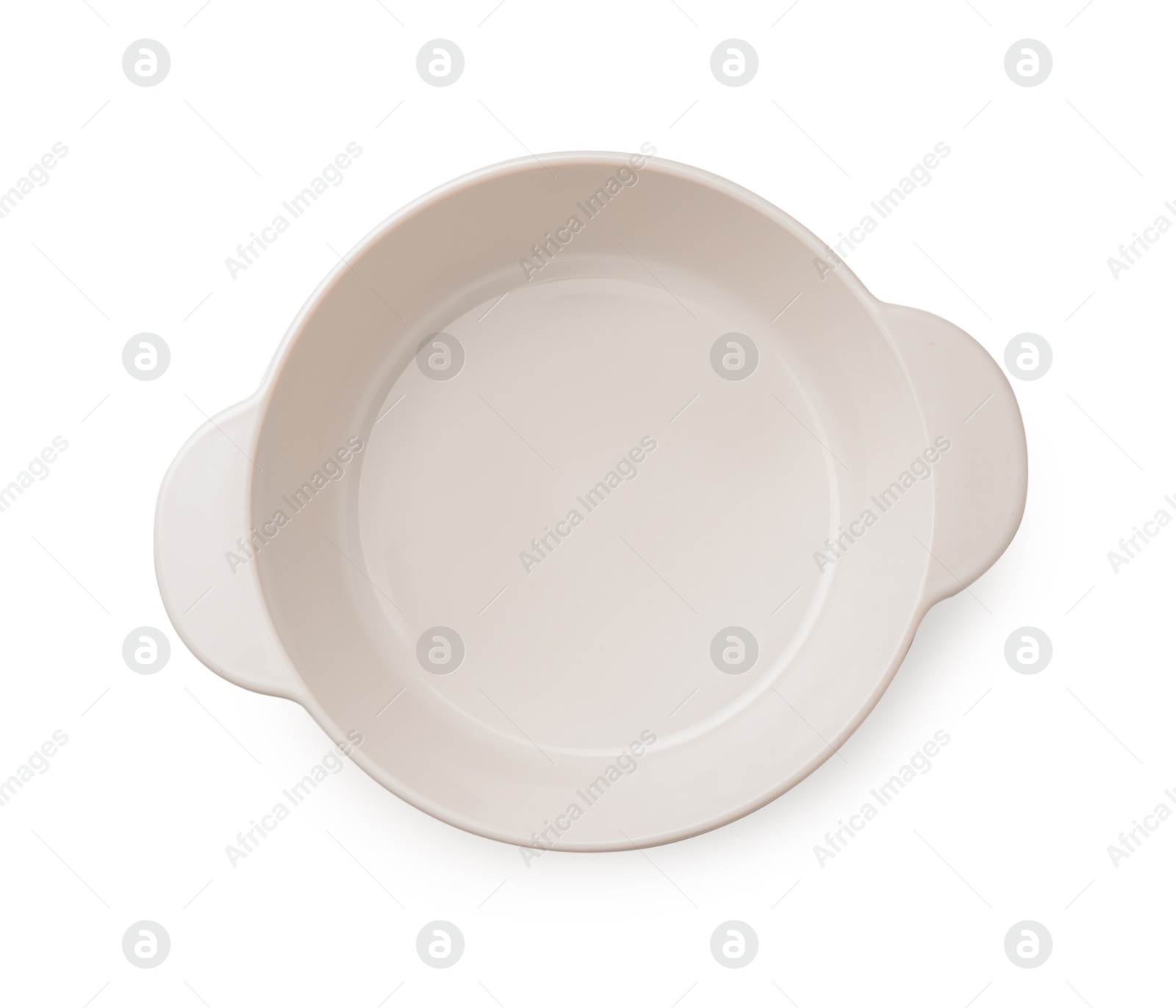 Photo of One ceramic casserole isolated on white, top view. Cooking utensil