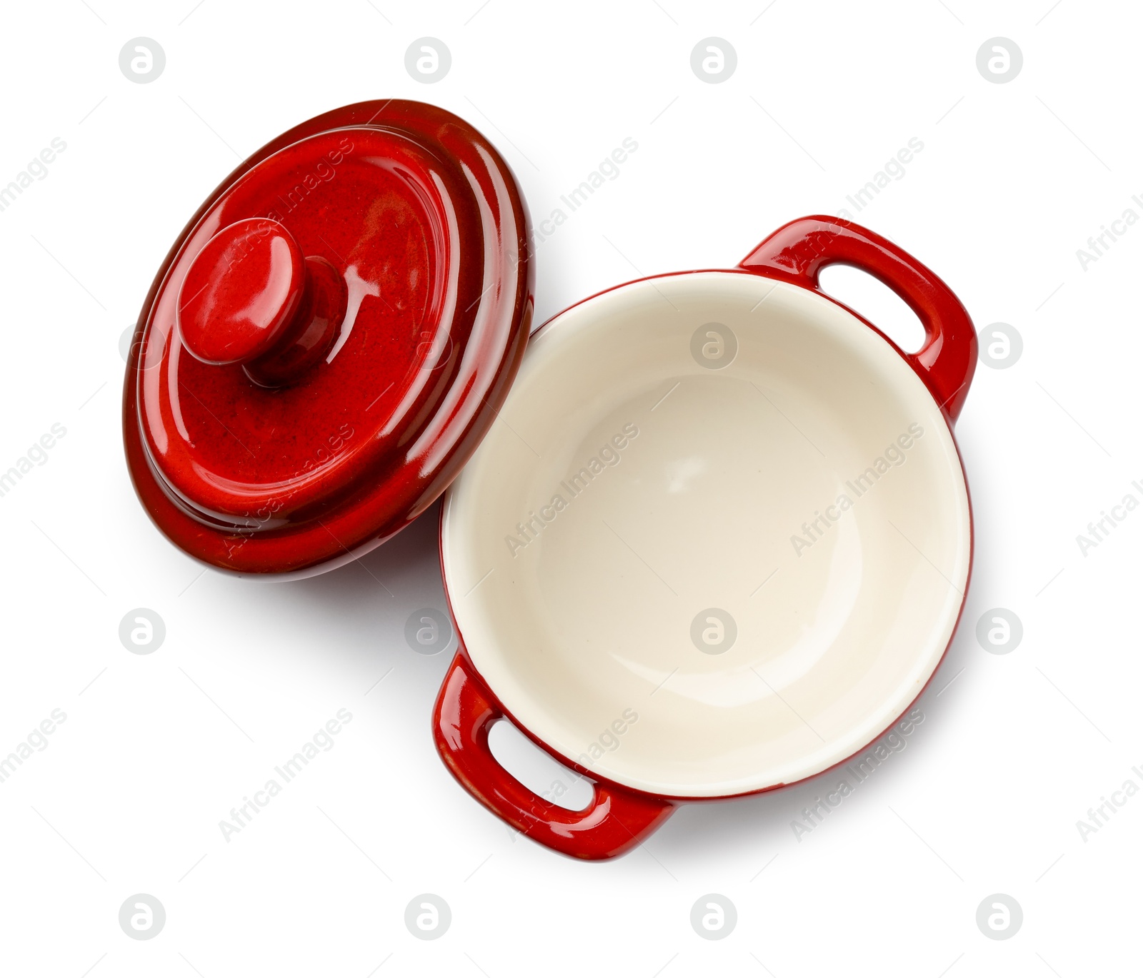 Photo of Ceramic casserole and lid isolated on white, top view. Cooking utensil