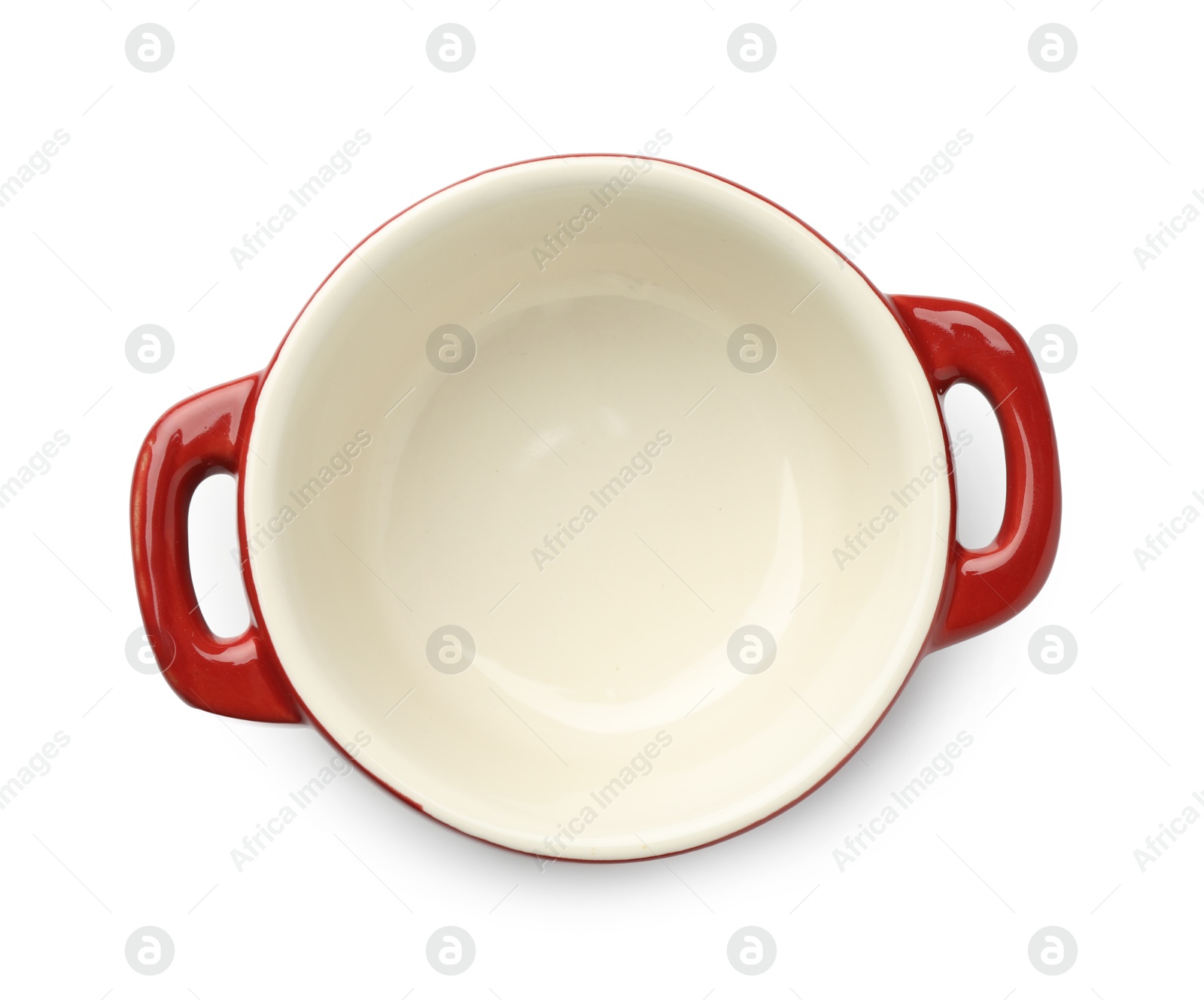 Photo of One ceramic casserole isolated on white, top view. Cooking utensil