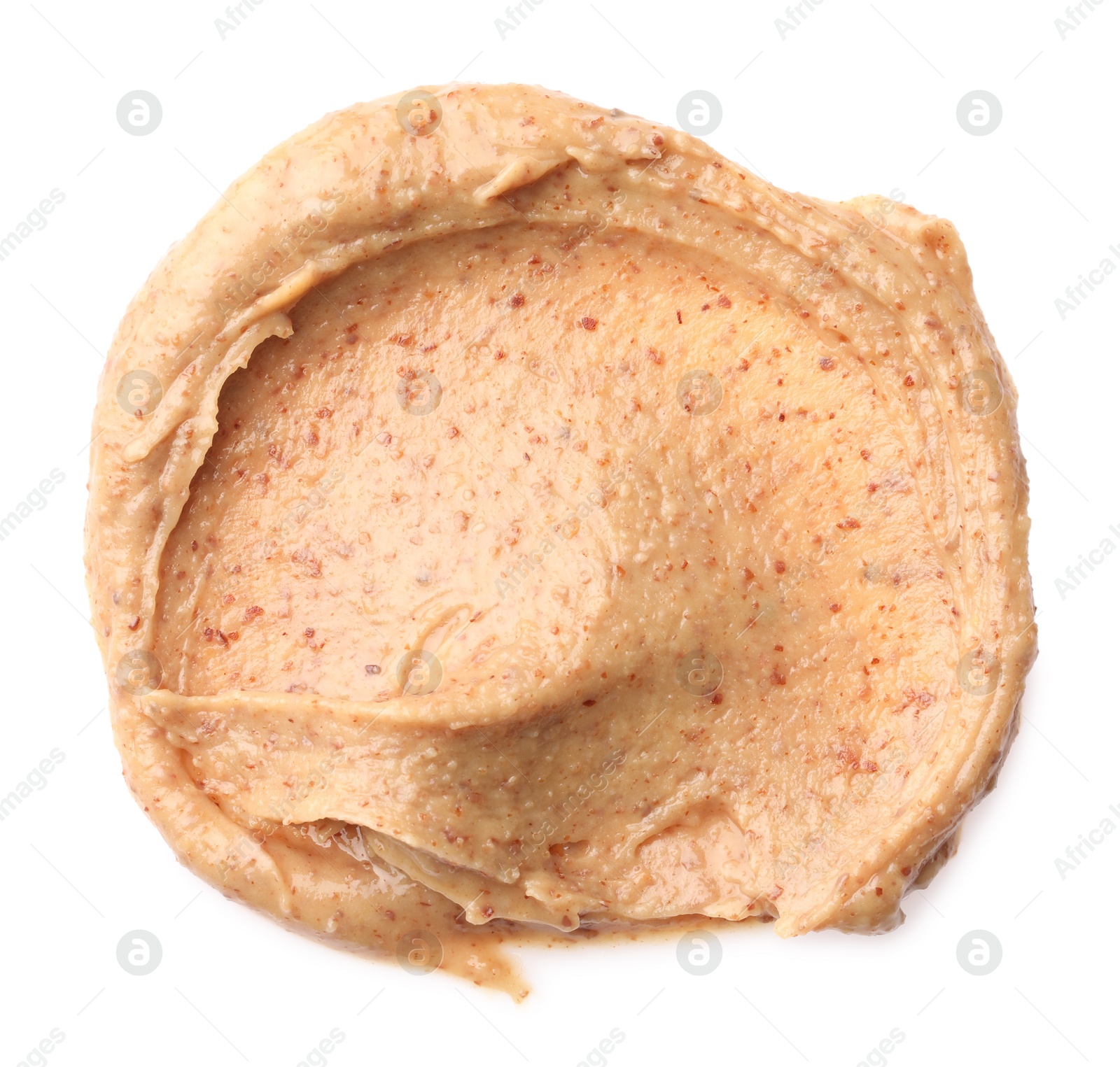 Photo of Sample of tasty nut butter isolated on white, top view