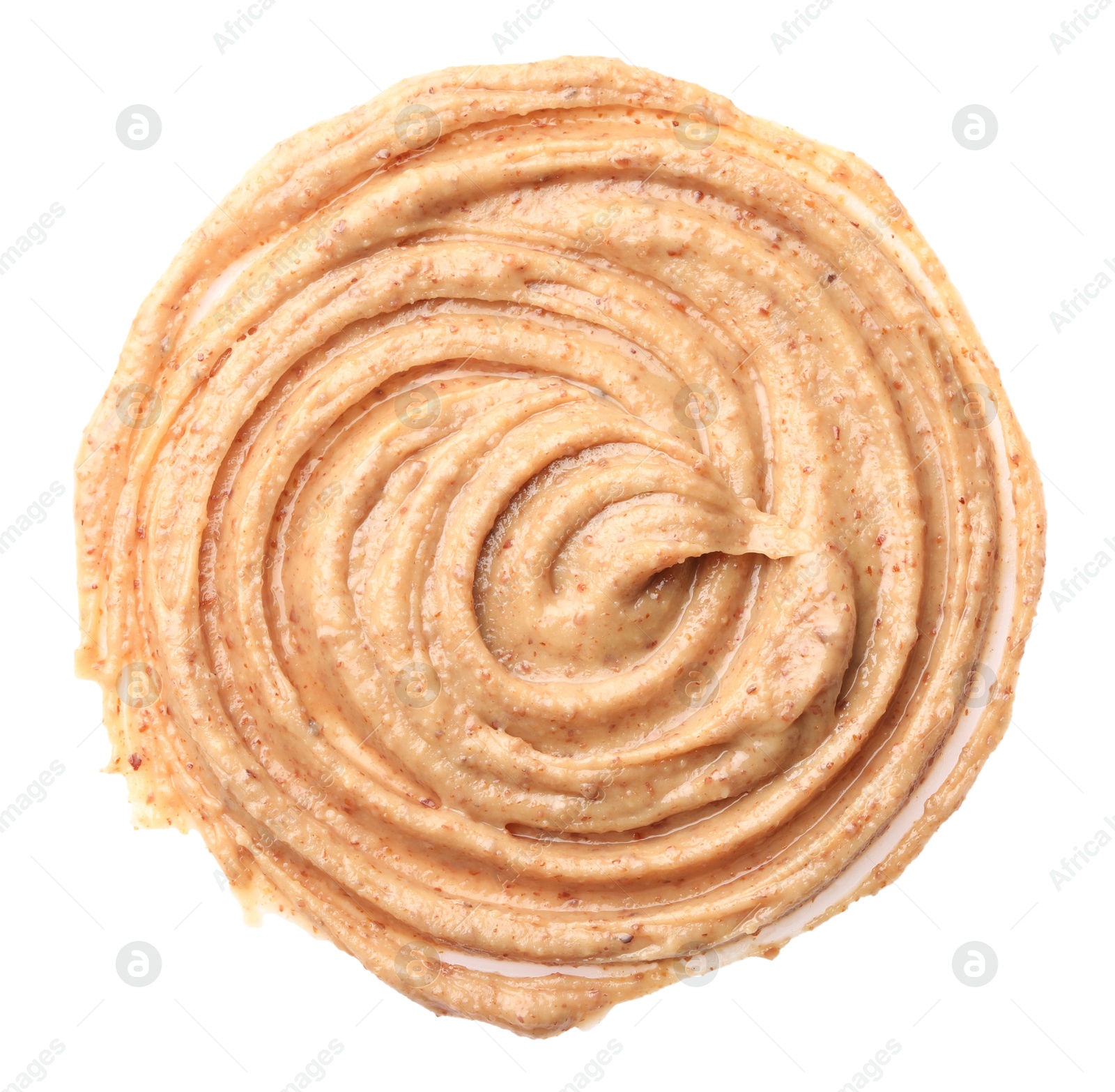 Photo of Sample of tasty nut butter isolated on white, top view