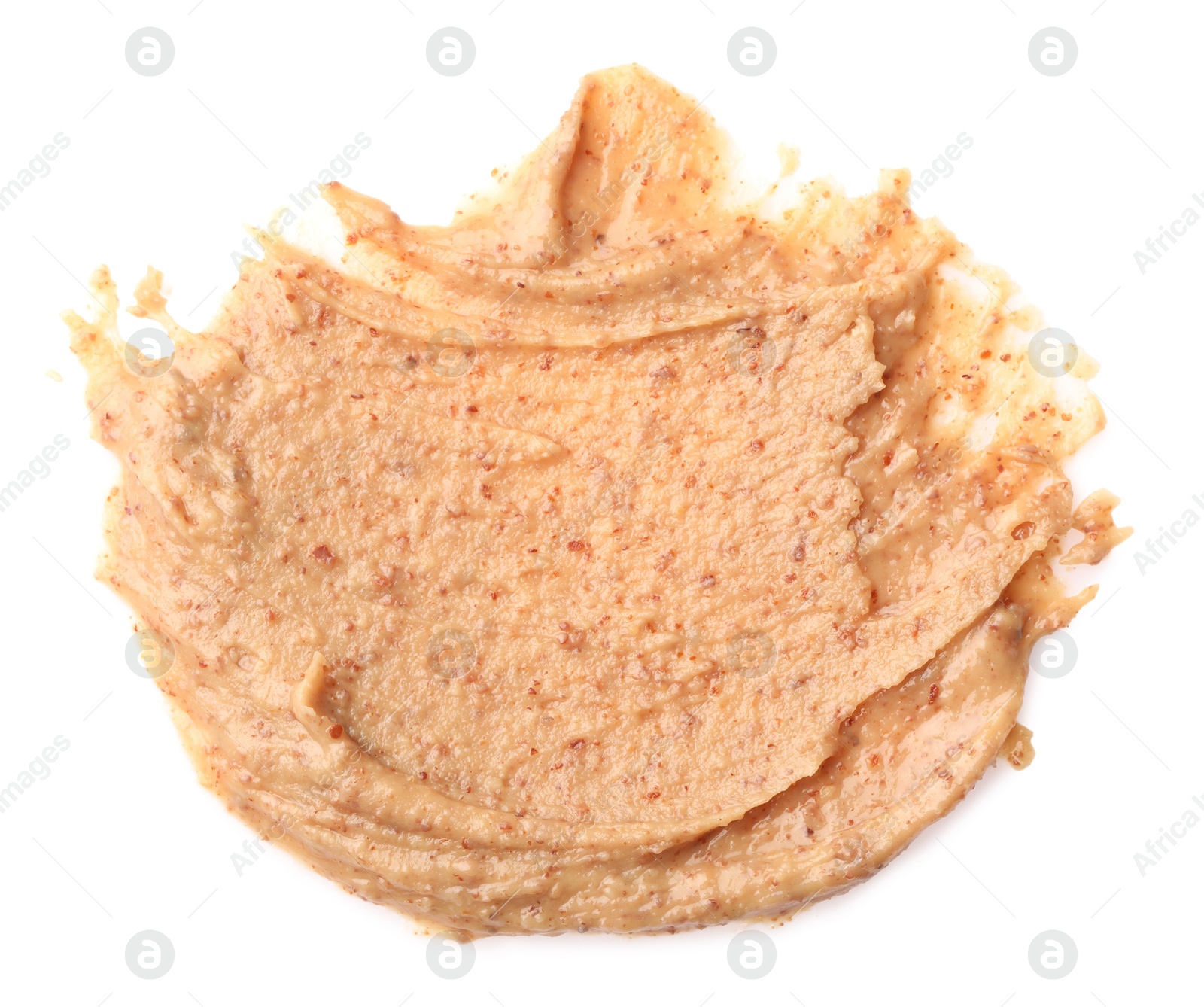 Photo of Sample of tasty nut butter isolated on white, top view