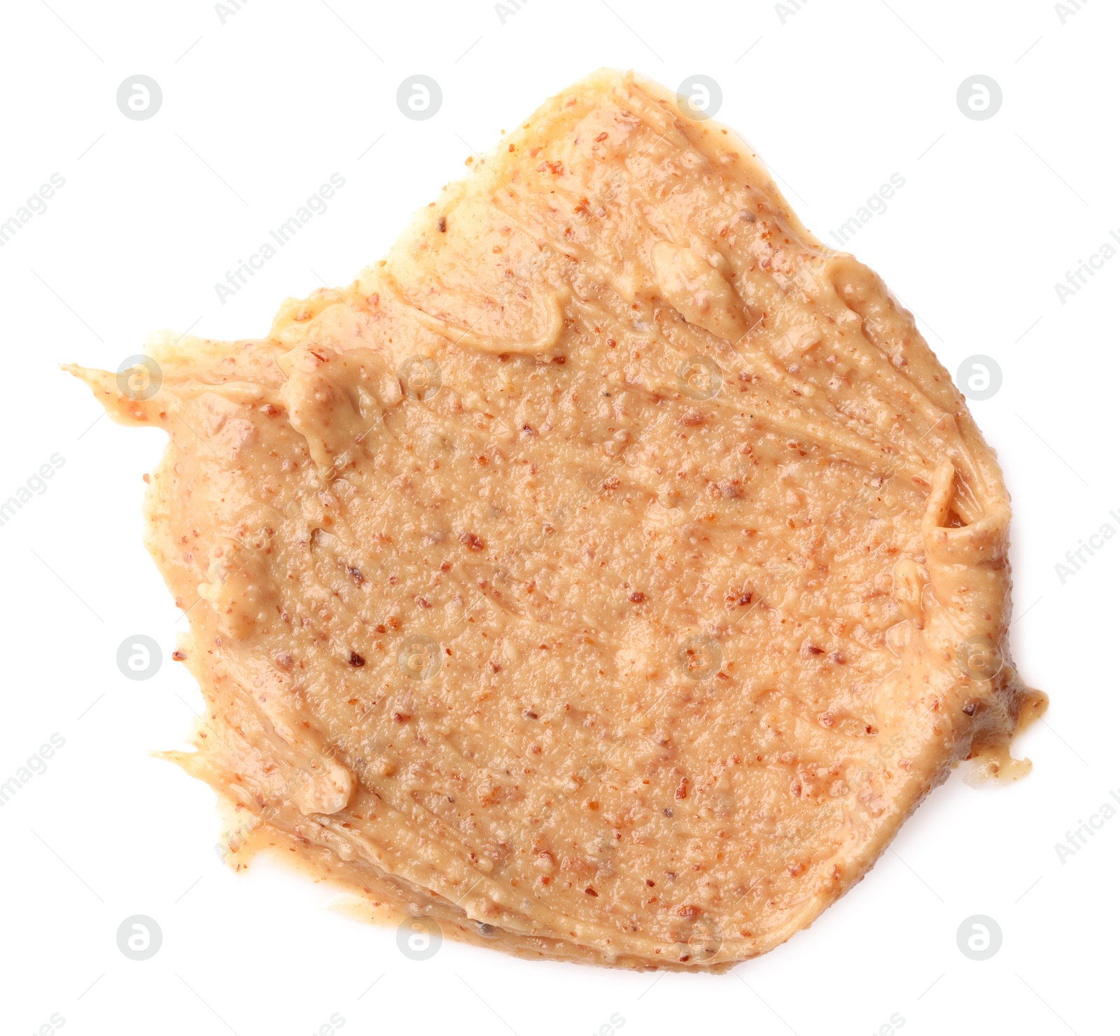 Photo of Sample of tasty nut butter isolated on white, top view