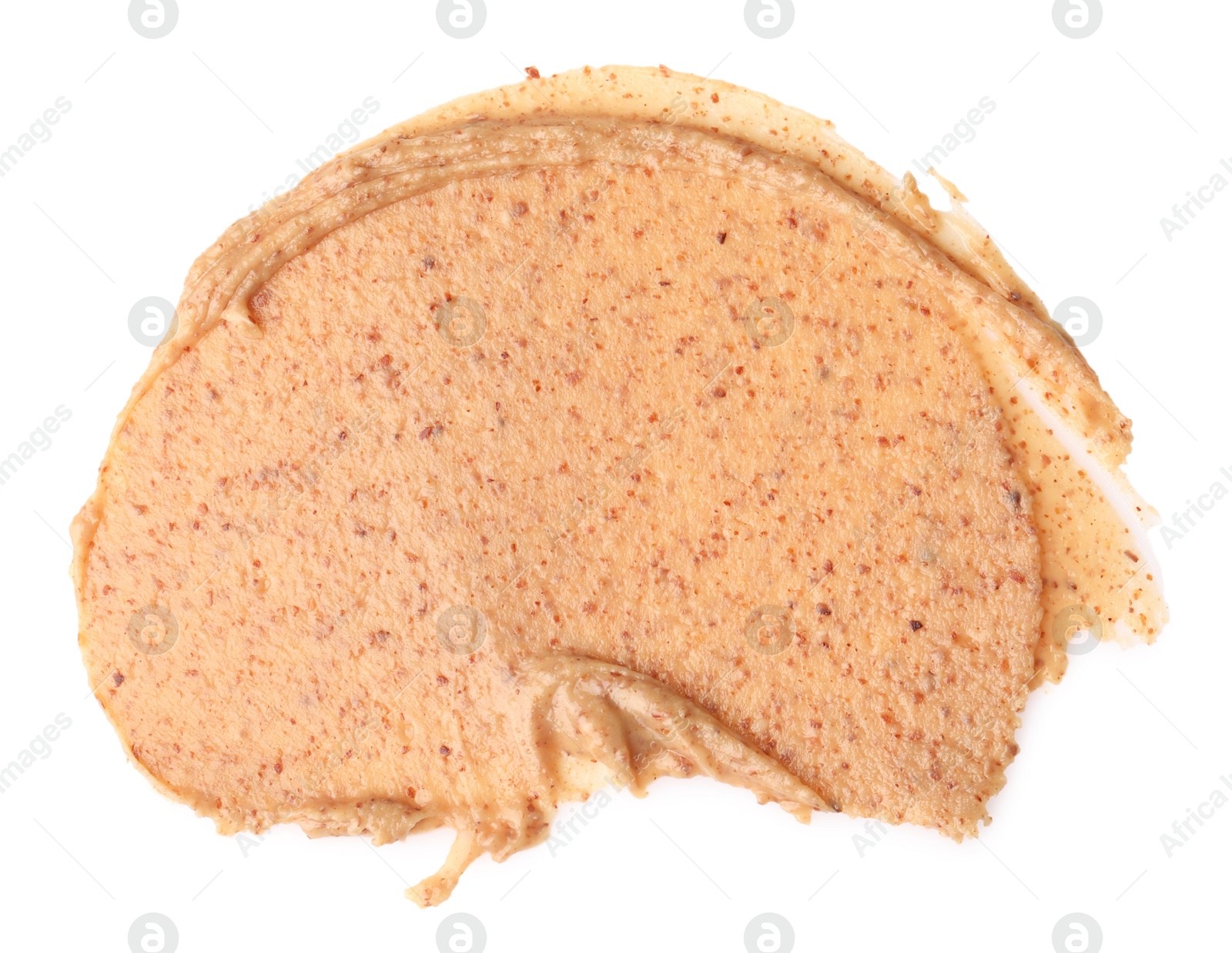 Photo of Sample of tasty nut butter isolated on white, top view