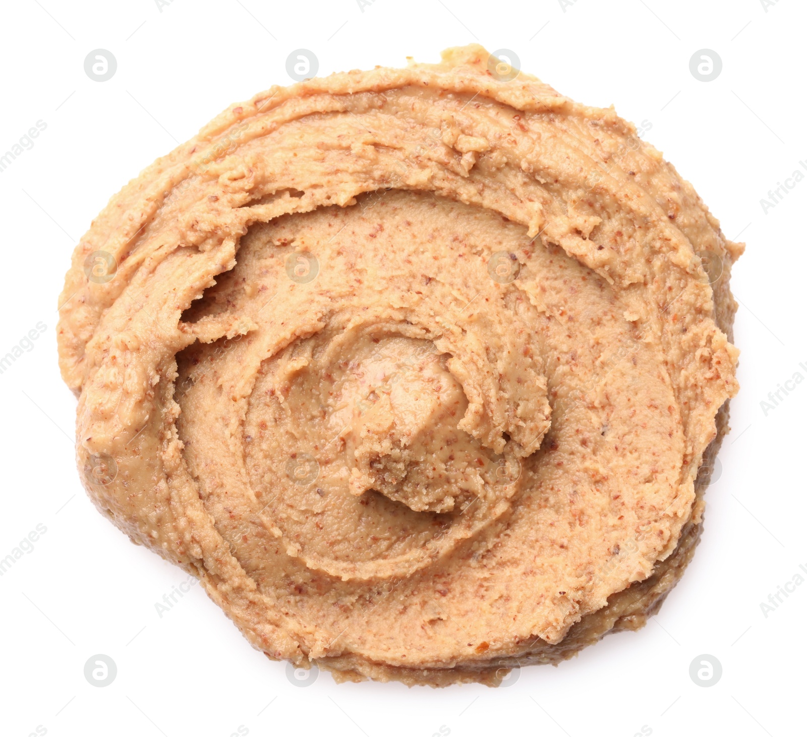 Photo of Sample of tasty nut butter isolated on white, top view