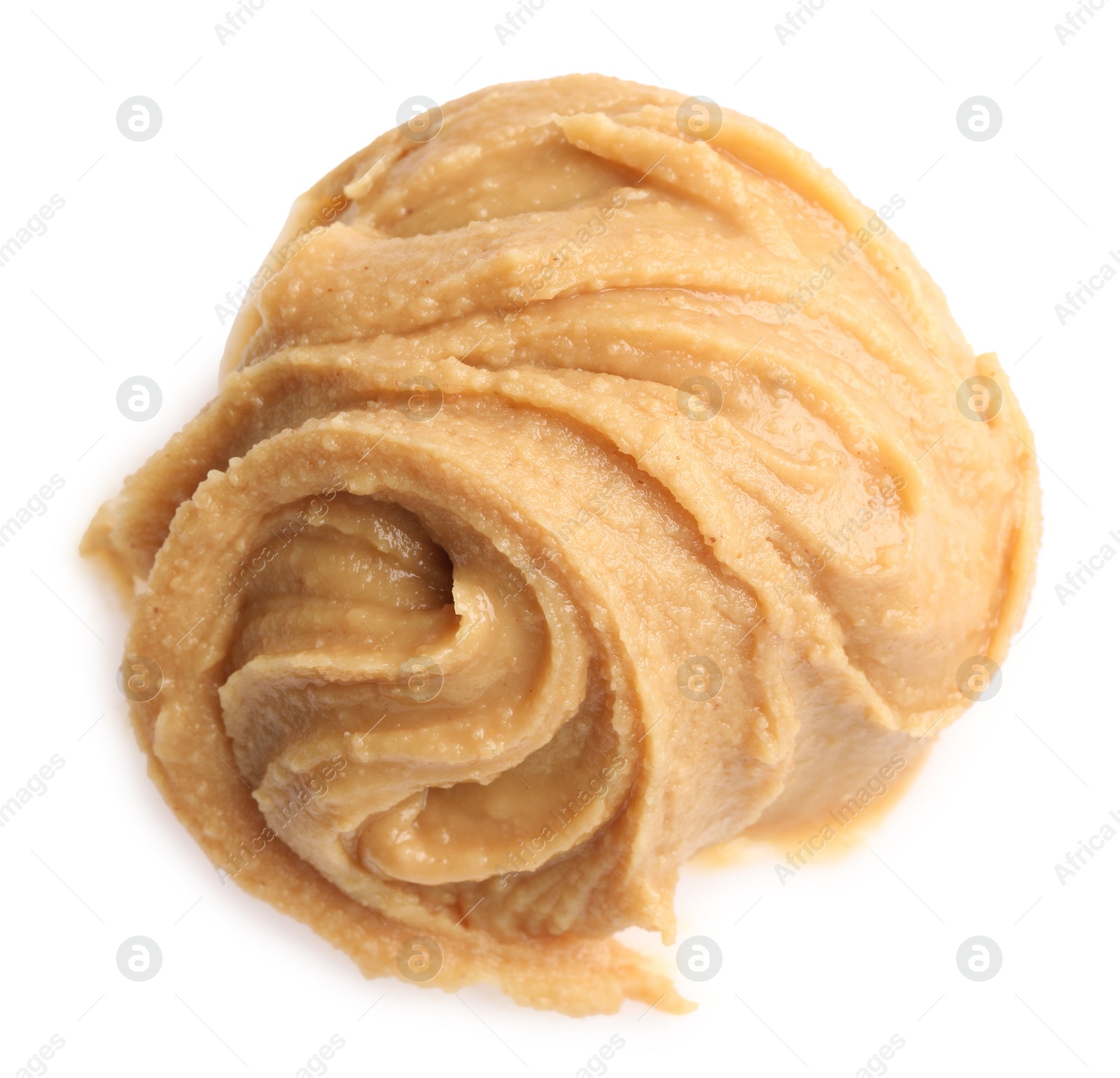 Photo of Sample of tasty nut butter isolated on white, top view