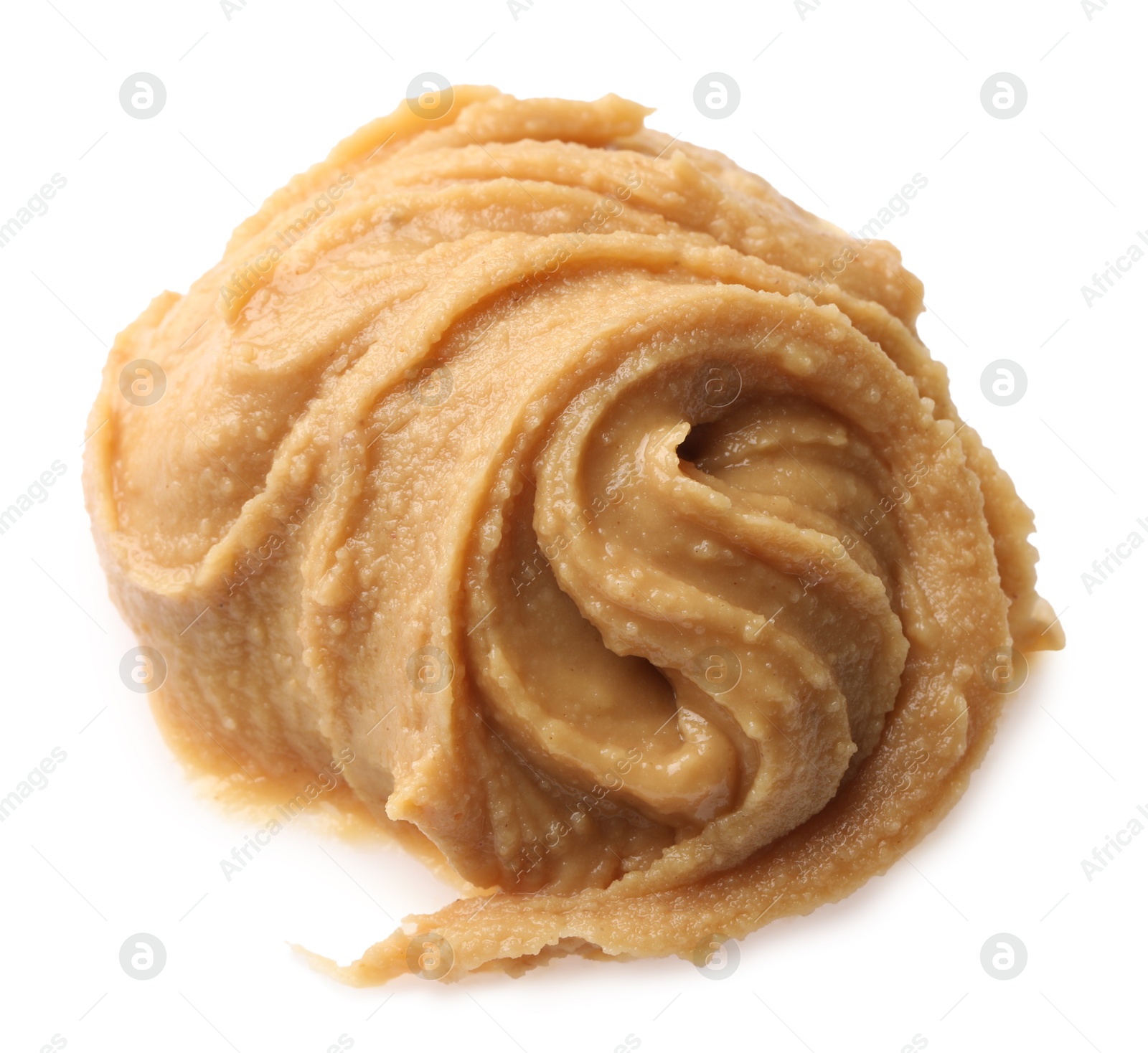 Photo of Sample of tasty nut butter isolated on white, top view