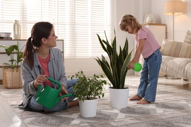 Cute little girl helping her mother watering houseplants at home