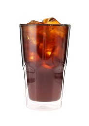 Photo of Refreshing coffee with ice cubes in glass isolated on white