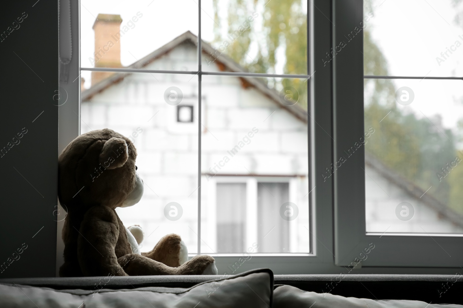 Photo of Lonely teddy bear near window. Space for text