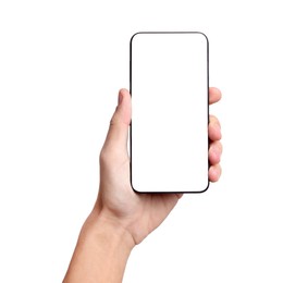 Photo of Man with modern smartphone on white background, closeup