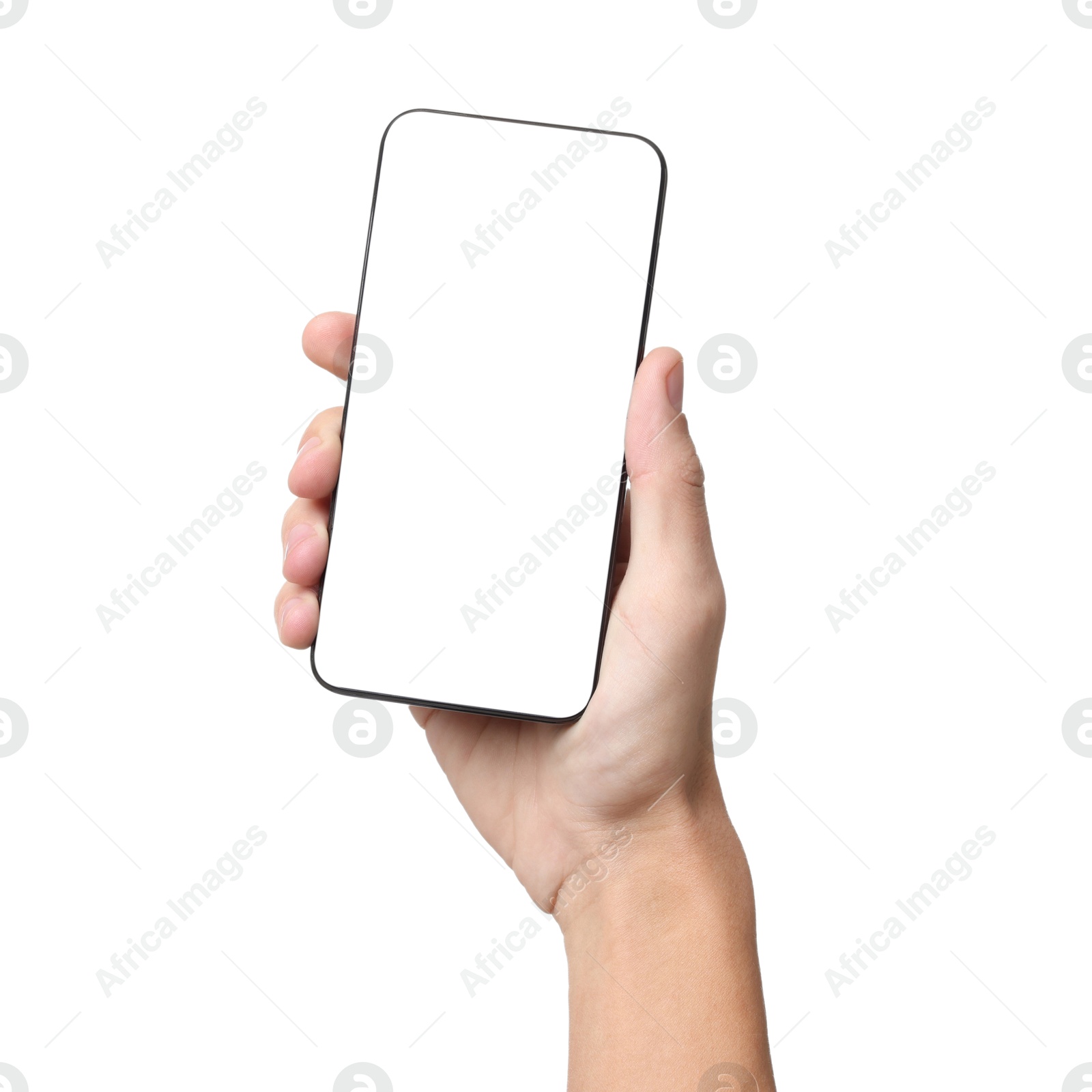 Photo of Man with modern smartphone on white background, closeup