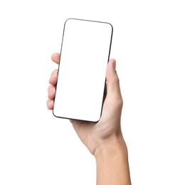 Photo of Man with modern smartphone on white background, closeup