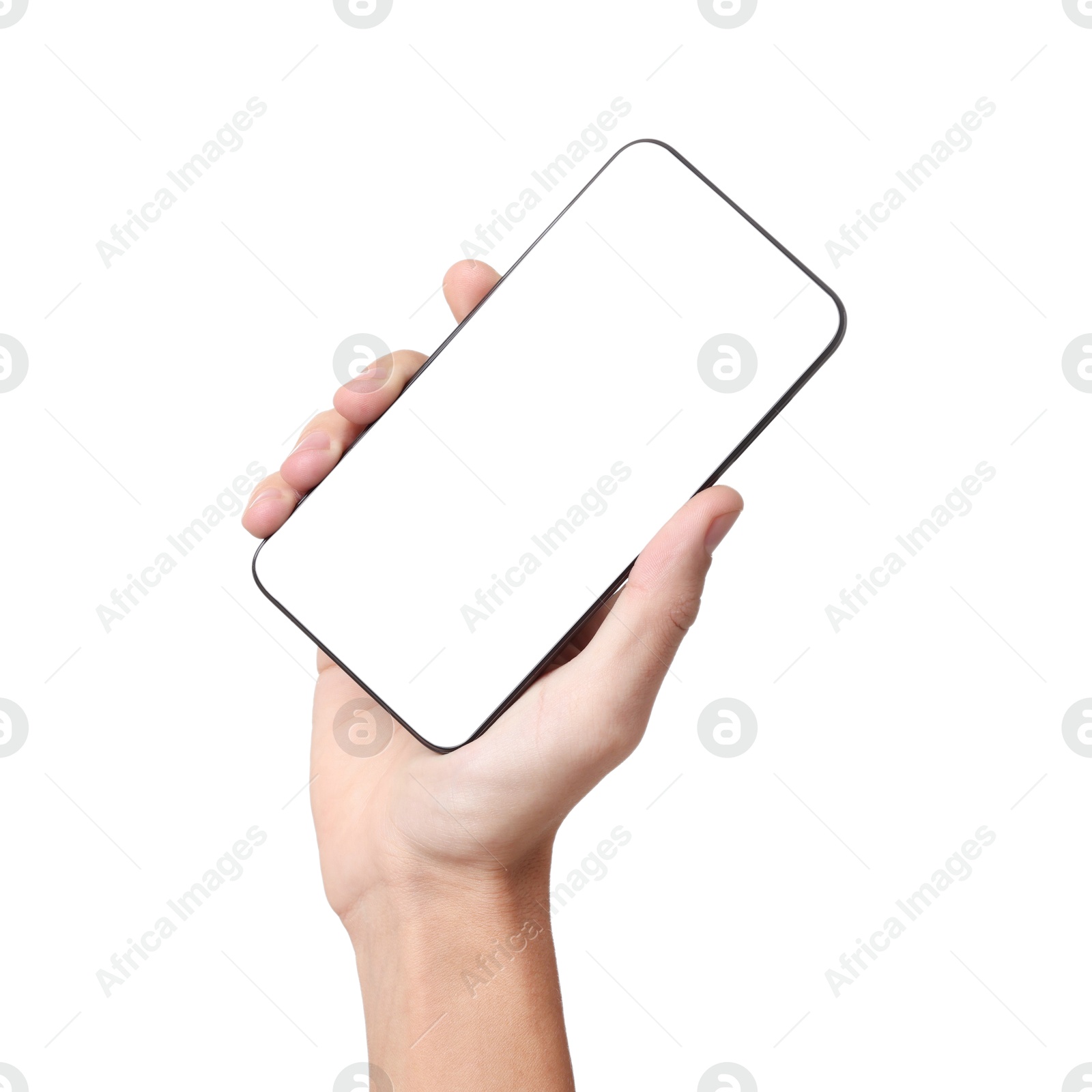 Photo of Man with modern smartphone on white background, closeup