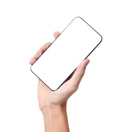 Photo of Man with modern smartphone on white background, closeup