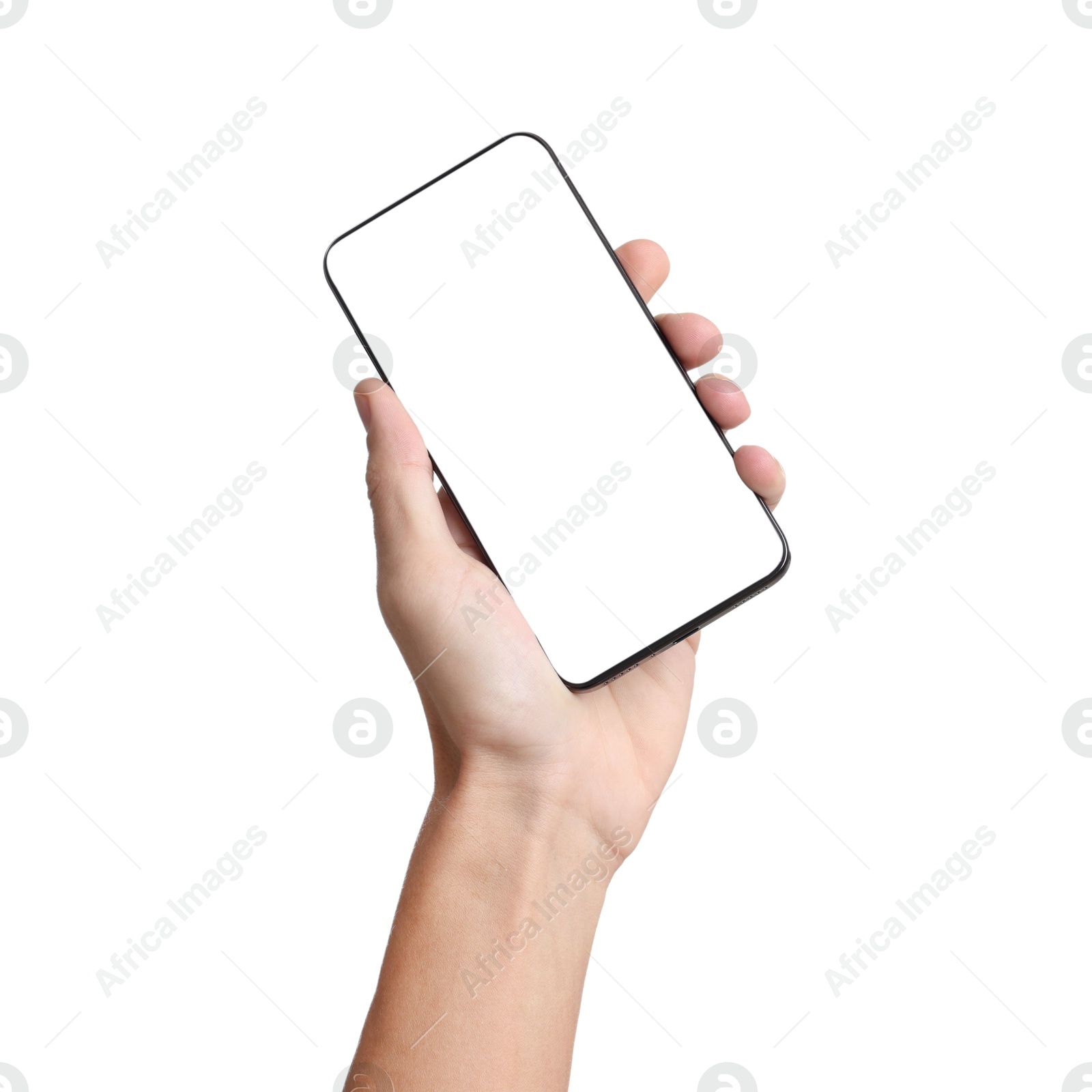 Photo of Man with modern smartphone on white background, closeup