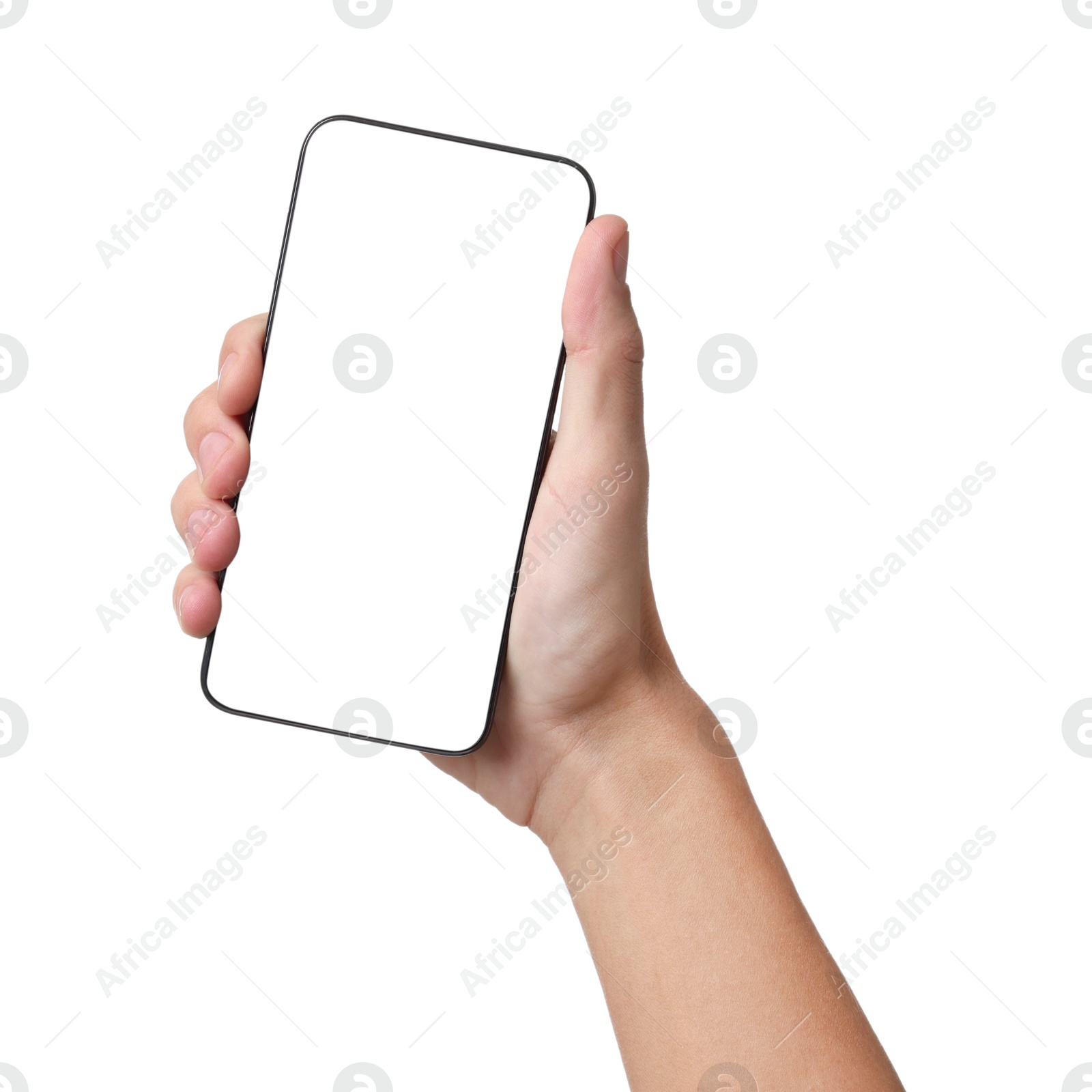 Photo of Man with modern smartphone on white background, closeup