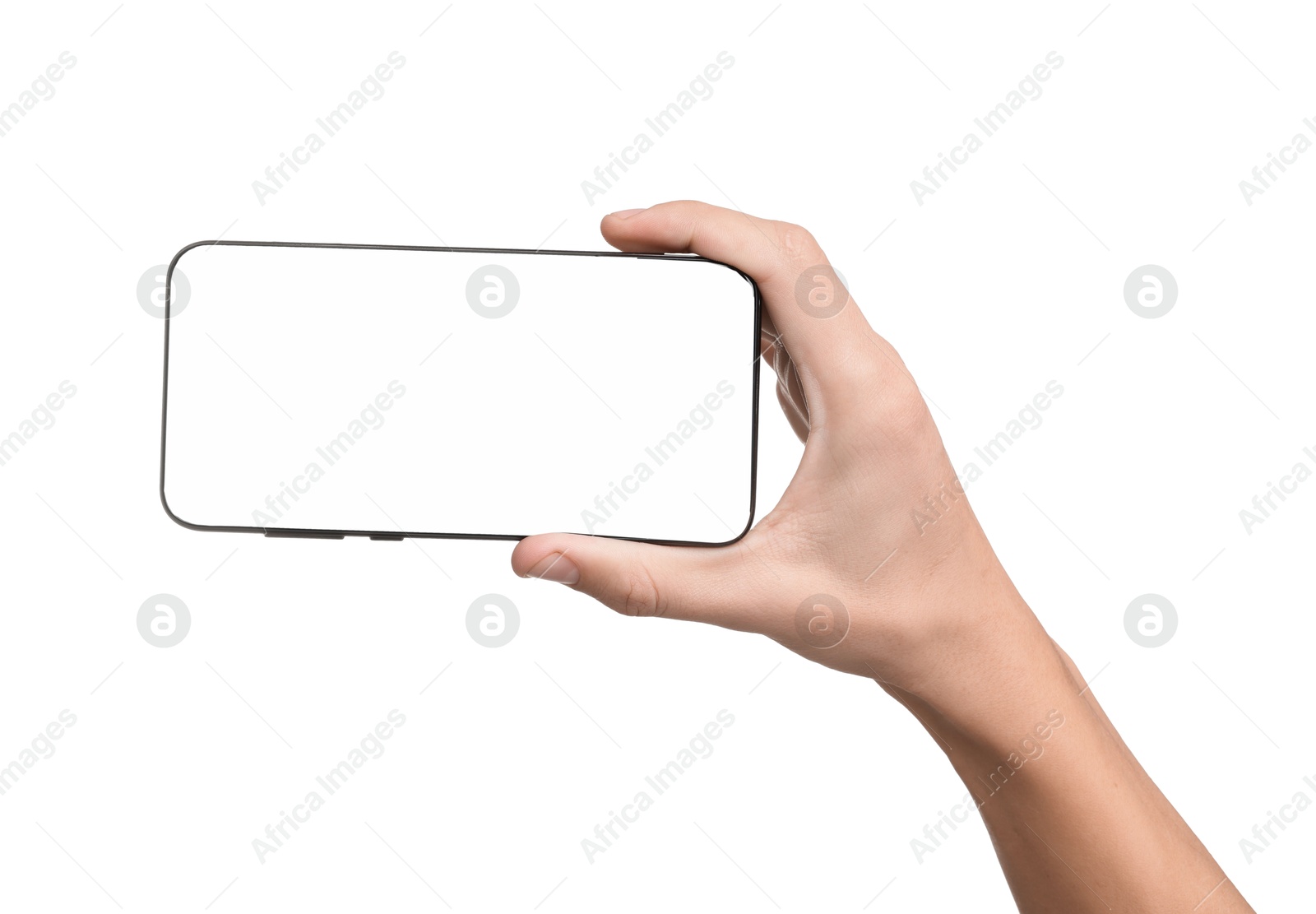 Photo of Man with modern smartphone on white background, closeup