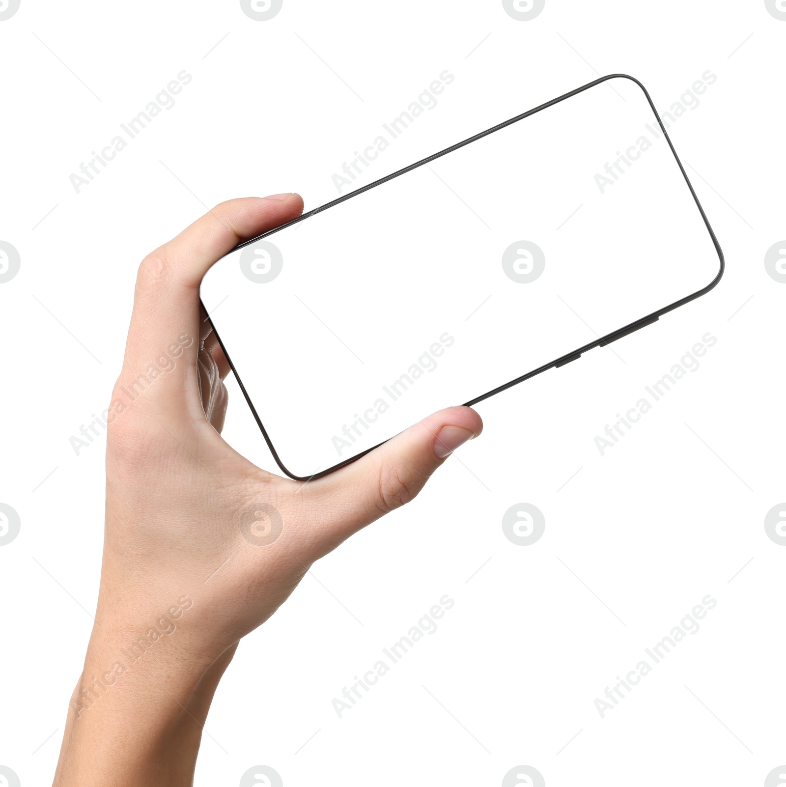 Photo of Man with modern smartphone on white background, closeup