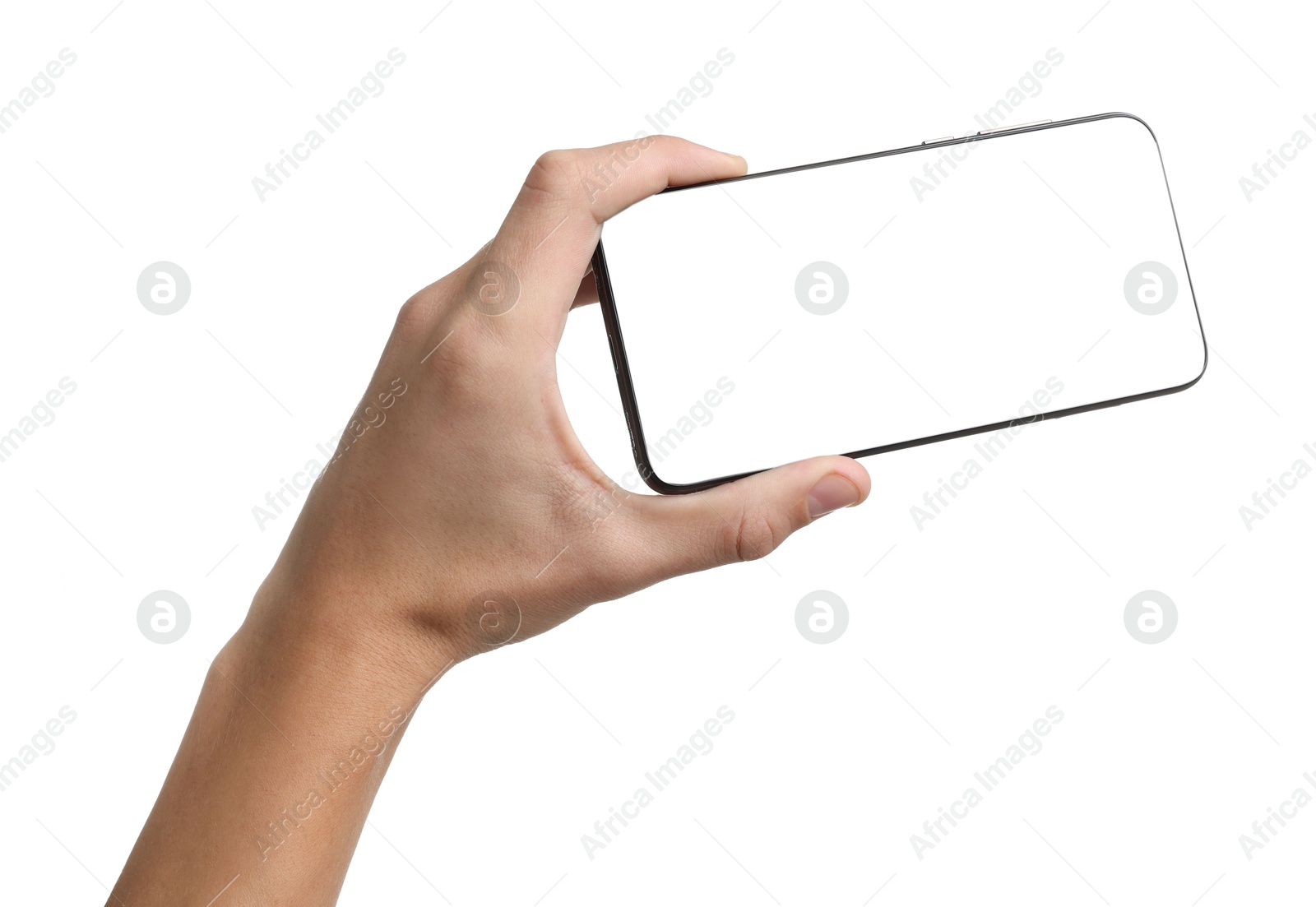 Photo of Man with modern smartphone on white background, closeup