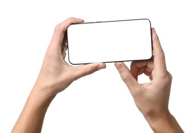 Photo of Man with modern smartphone on white background, closeup