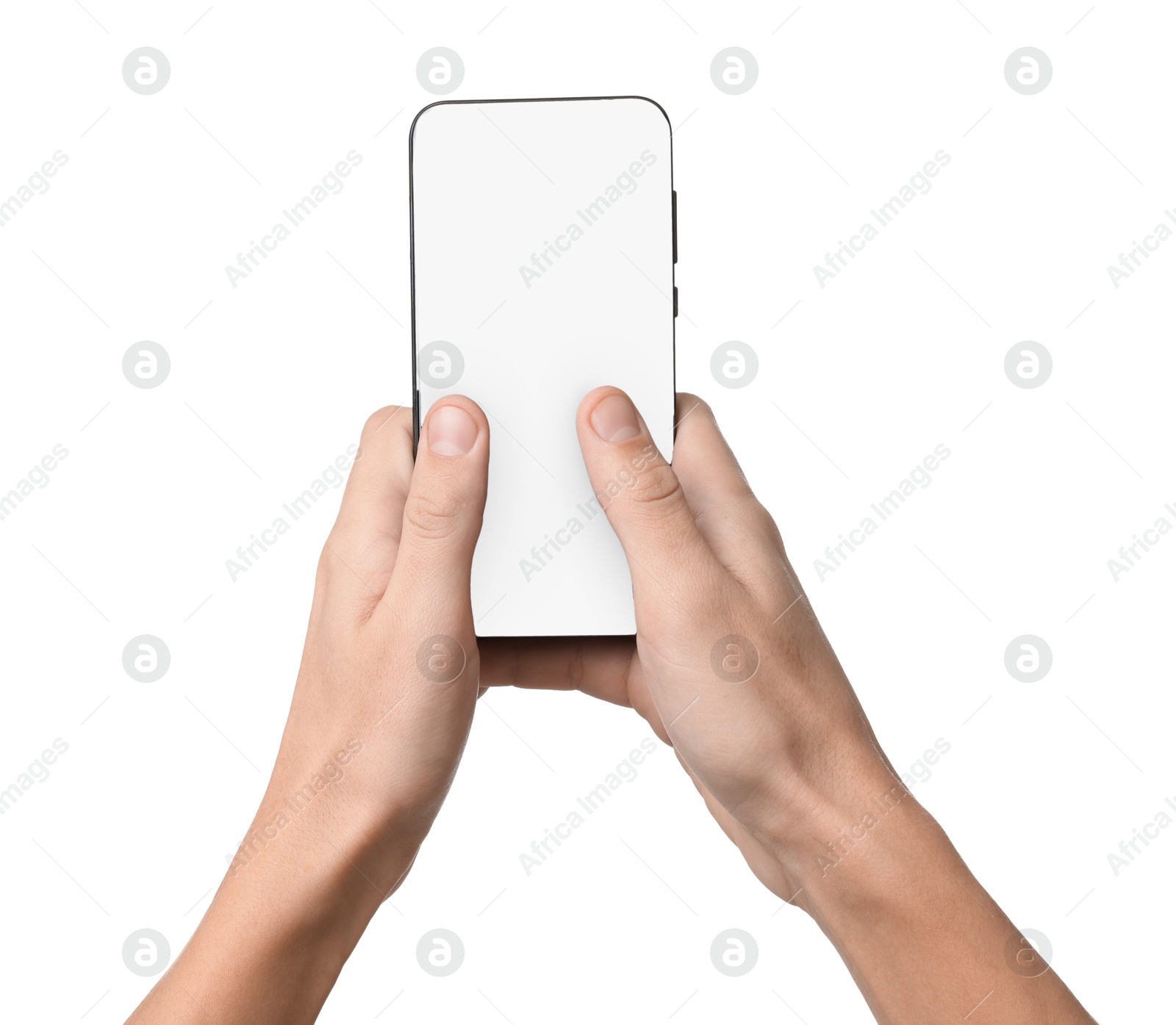 Photo of Man with modern smartphone on white background, closeup