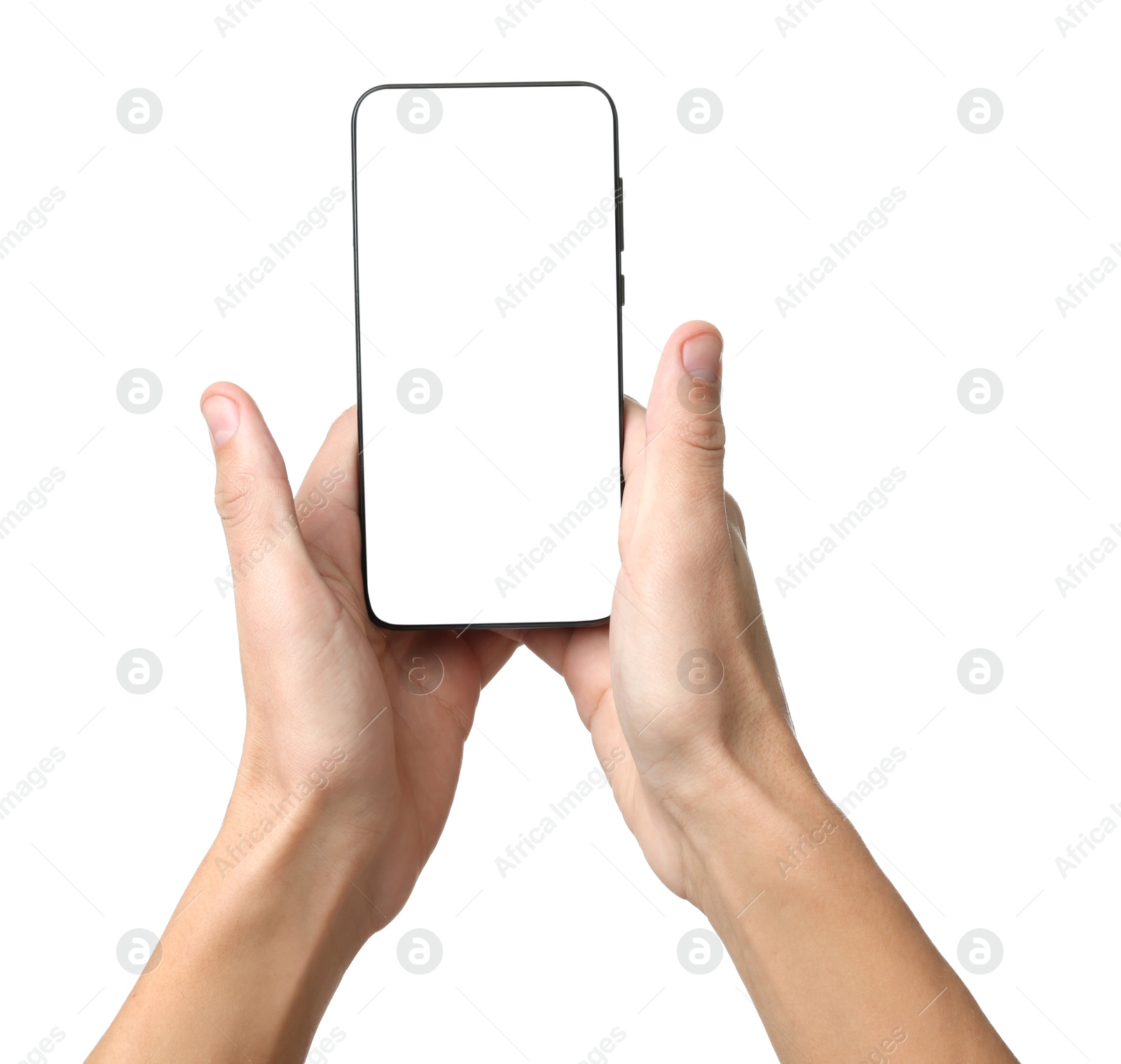 Photo of Man with modern smartphone on white background, closeup