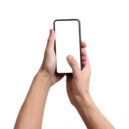 Photo of Man with modern smartphone on white background, closeup