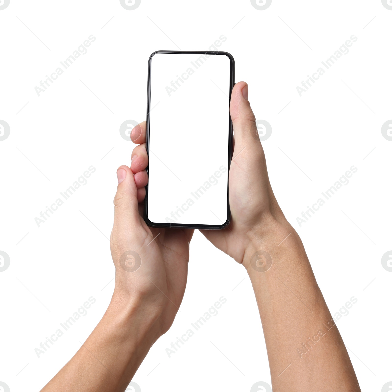 Photo of Man with modern smartphone on white background, closeup