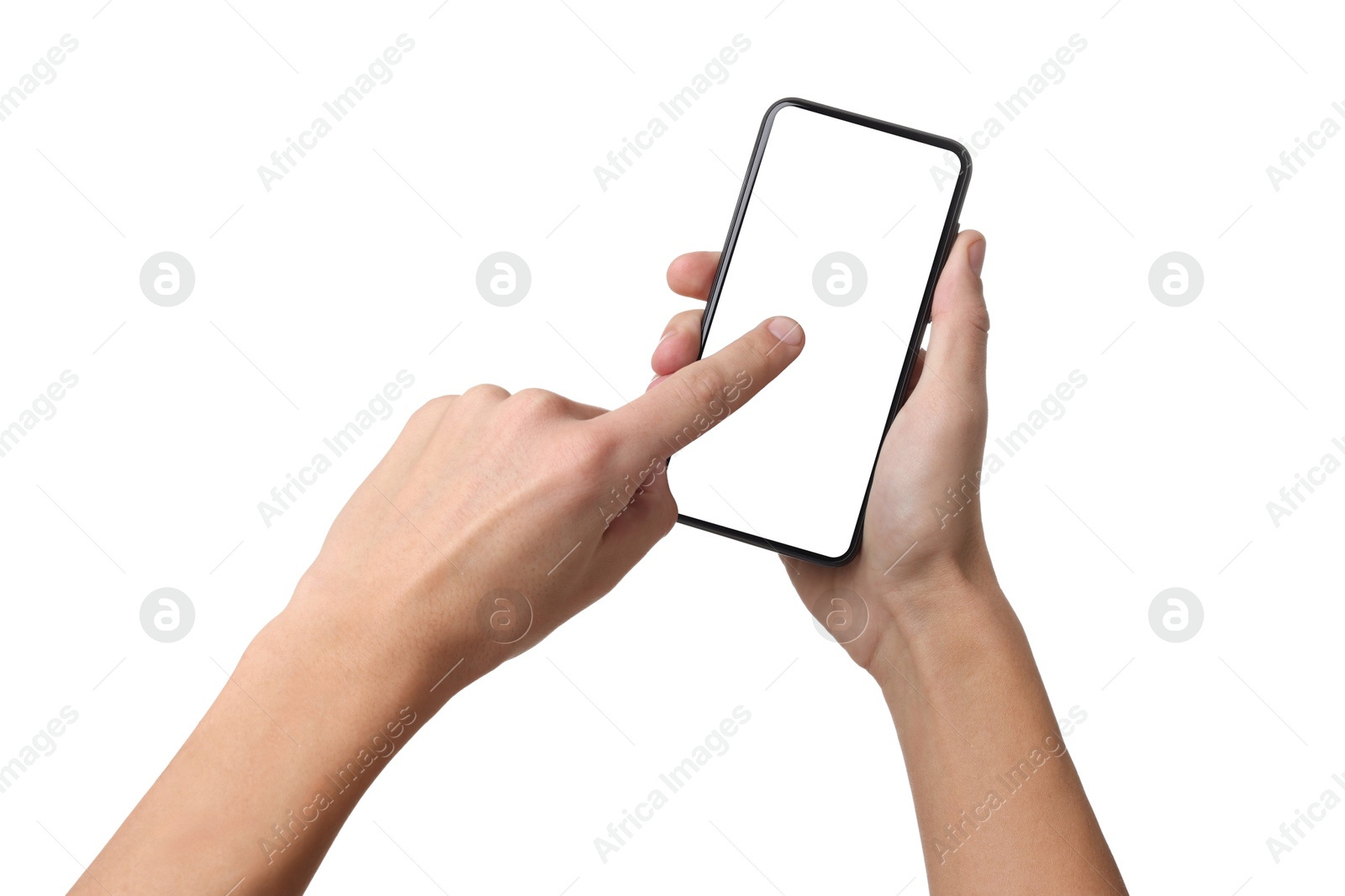 Photo of Man with modern smartphone on white background, closeup