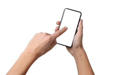 Photo of Man with modern smartphone on white background, closeup